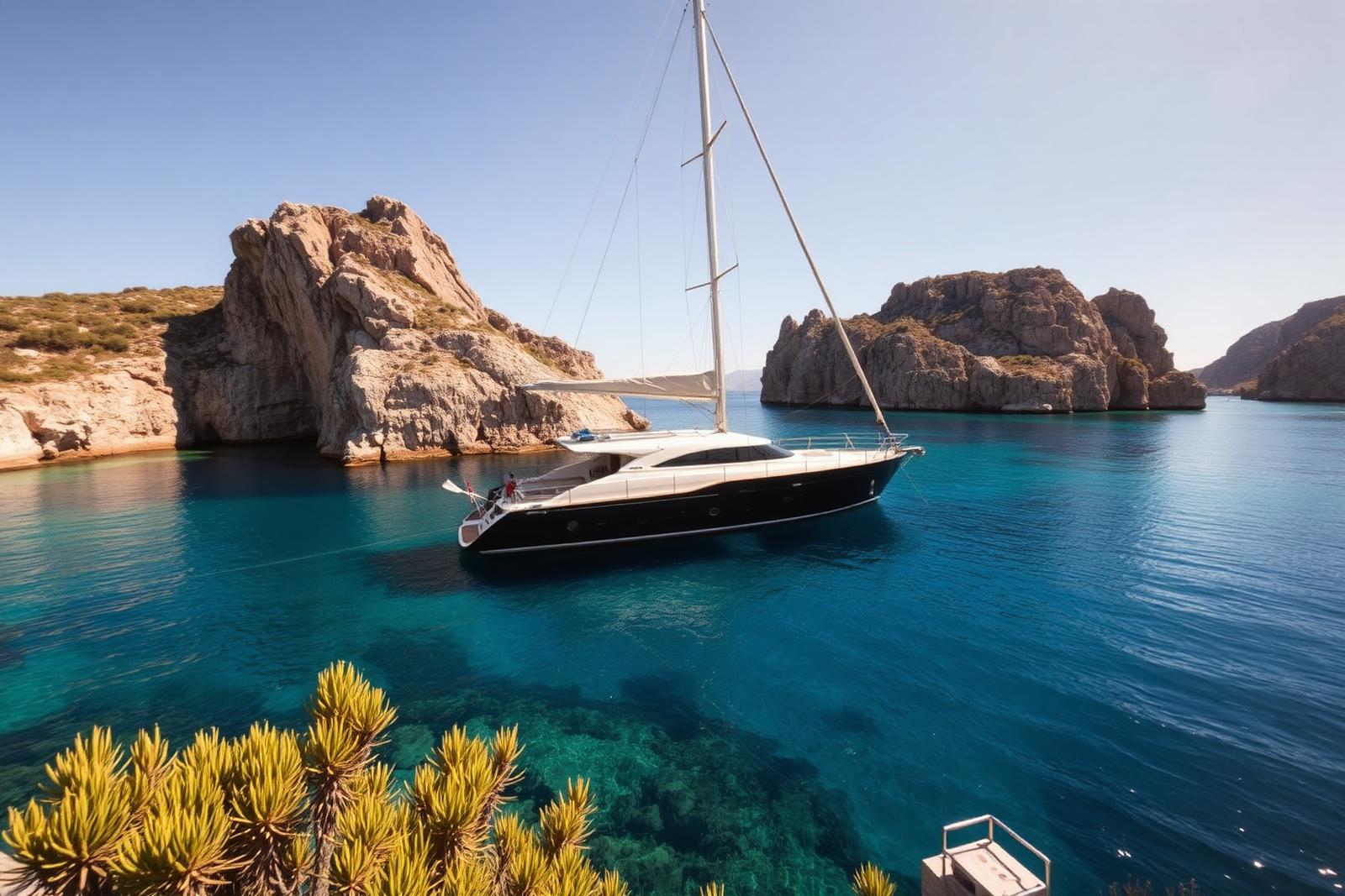 Luxury sailing yacht anchored in a hidden Sardinian cove with turquoise water and granite cliffs in golden afternoon light