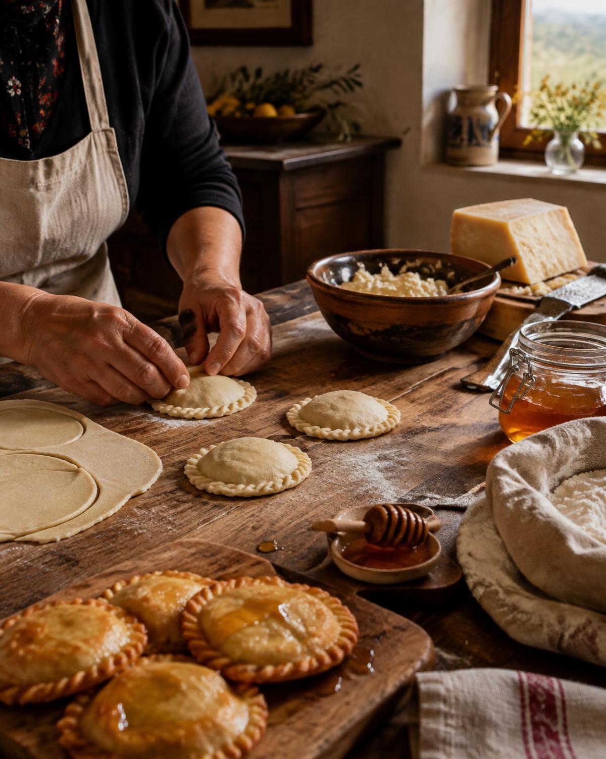 Hands shaping seadas pastries on a wooden table with pecorino and honey