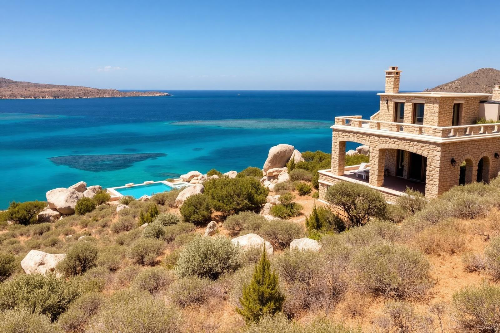Luxury private resort villa in Sardinia surrounded by Mediterranean macchia and granite boulders, with the turquoise sea beyond