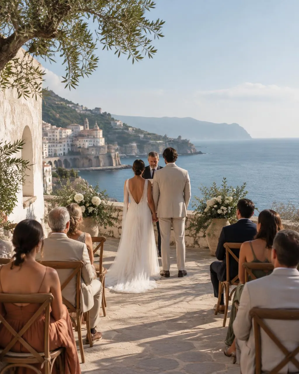 A couple seen from behind at a symbolic ceremony on a sea-view terrace, with seated guests and olive branches