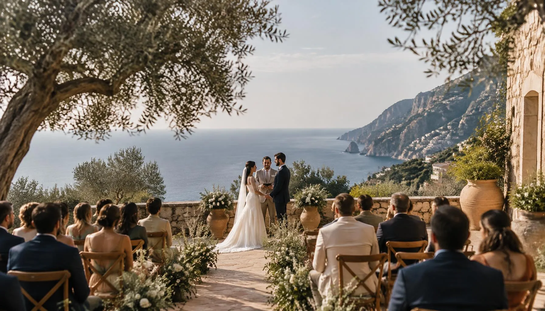 A couple exchanging vows on a stone terrace above the sea, with guests seated beneath olive trees