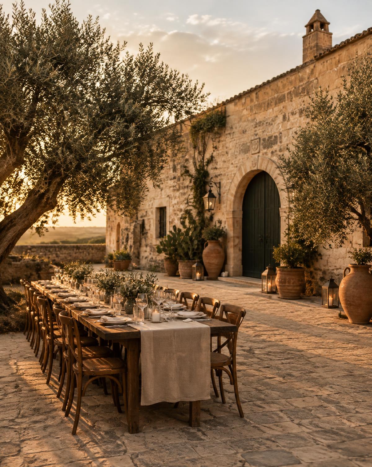 A stone country estate courtyard with olive trees and a long table set for dinner
