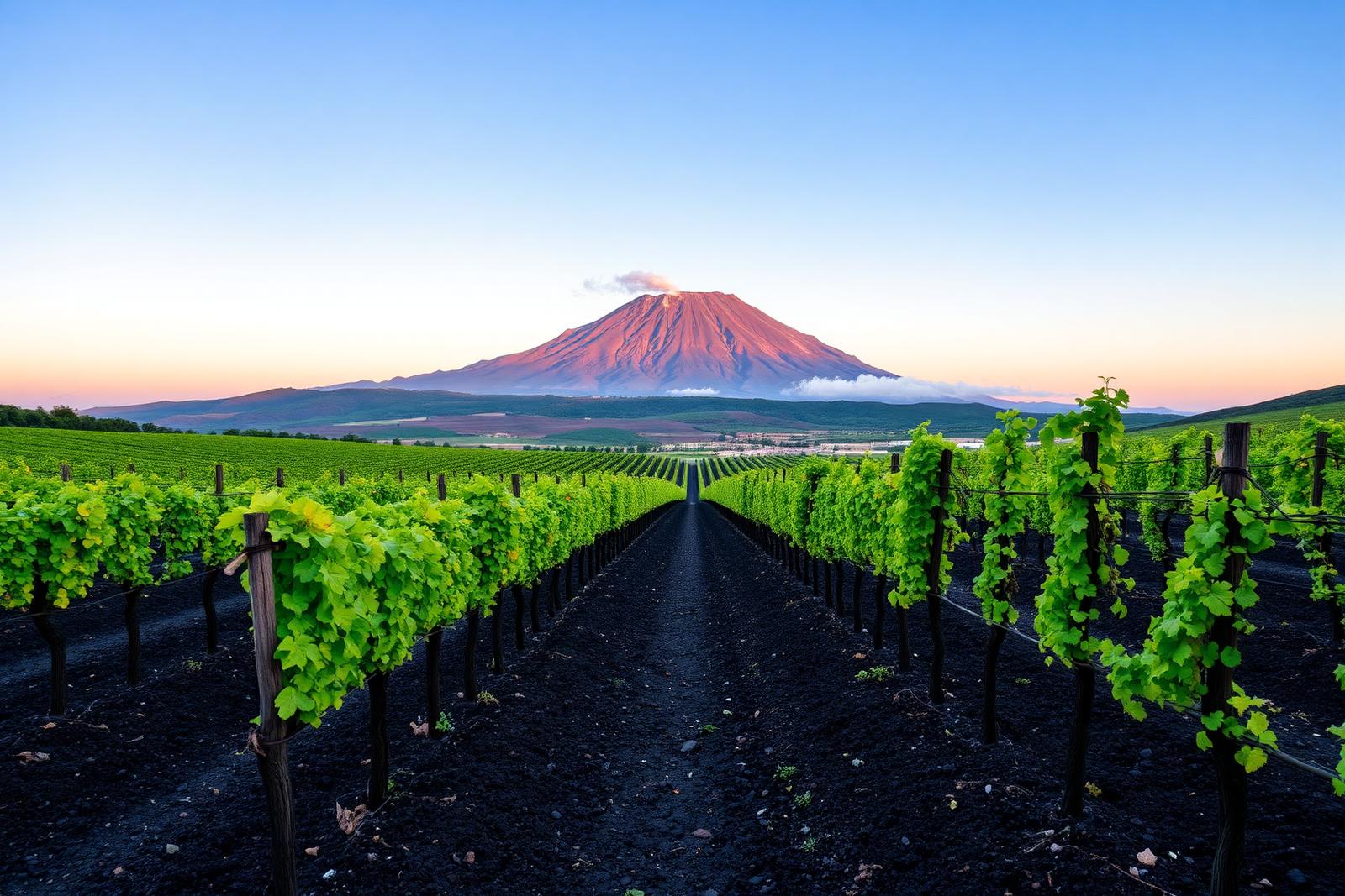 Sicilian vineyard on the volcanic slopes of Mount Etna with rows of vines in black soil and the peak rising in the distance