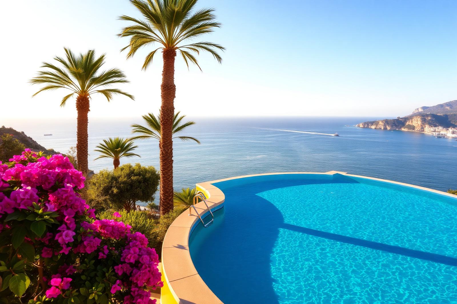 Luxury Sicilian seaside resort with infinity pool overlooking the Mediterranean, palm trees and bougainvillea in golden light