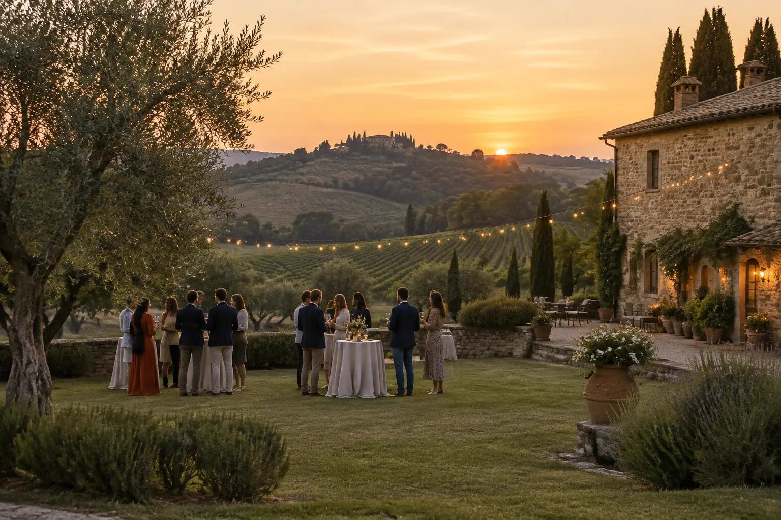 A small group gathered for an aperitif around high tables on the lawn of a stone country estate at sunset, seen from a distance with vineyards beyond
