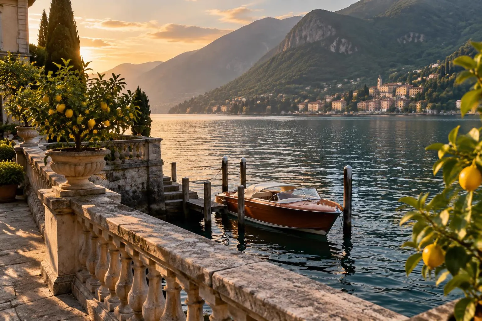 A varnished wooden motorboat moored below a stone lakeside terrace with lemon trees, with mountains and a pastel village across the lake at sunset