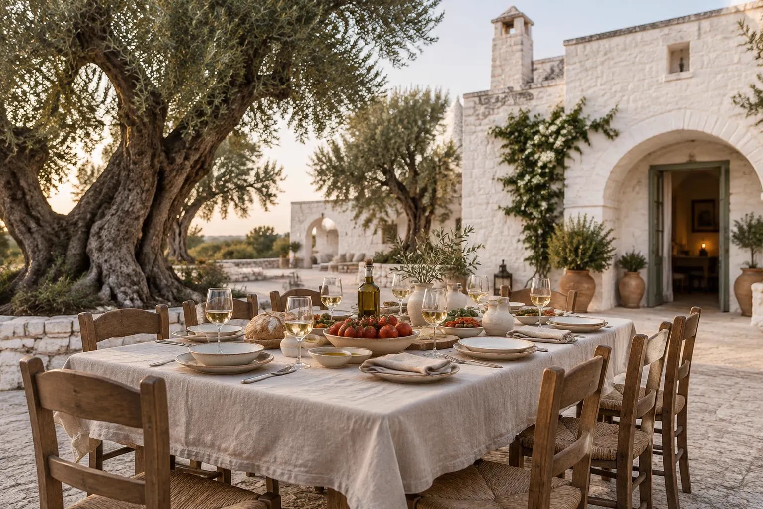 A long communal table with linen, bread, tomatoes, olive oil and wine glasses in a whitewashed limestone courtyard shaded by ancient olive trees