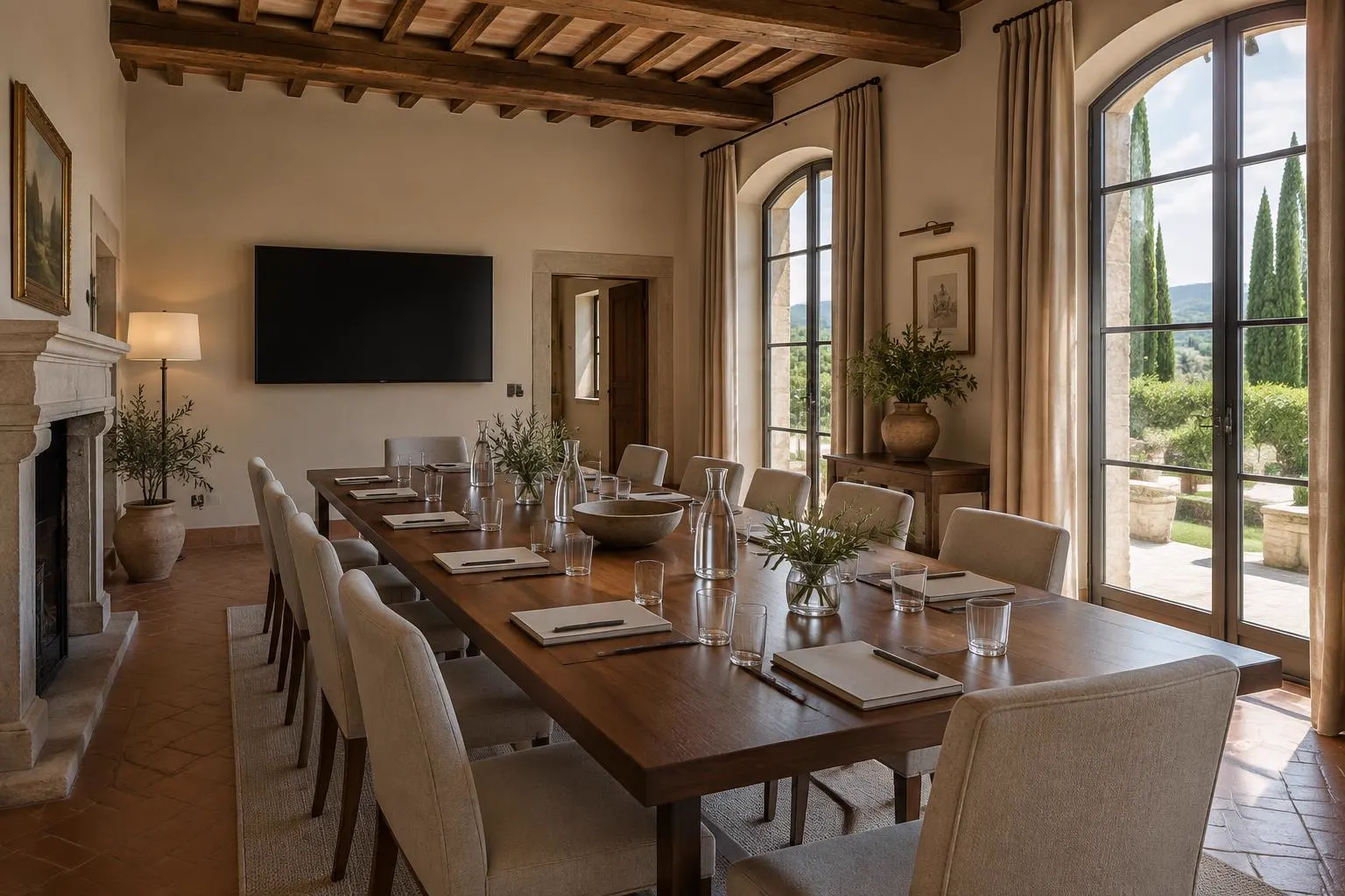 A meeting room in a country house with a long walnut table set for twelve, upholstered chairs, a wall screen and tall arched windows onto a garden