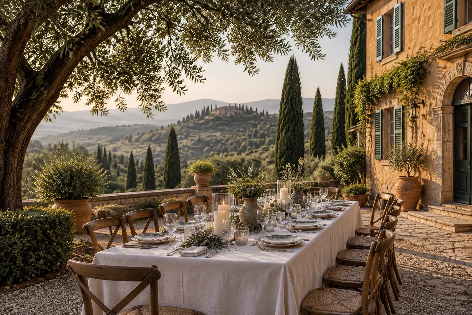 A long outdoor table laid with white linen, candles and olive branches beside an ochre country villa overlooking hills and cypresses