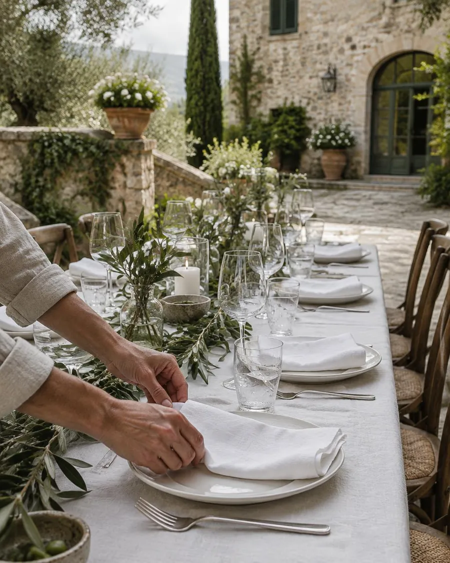 Hands arranging linen napkins, glassware and olive branches on a courtyard table