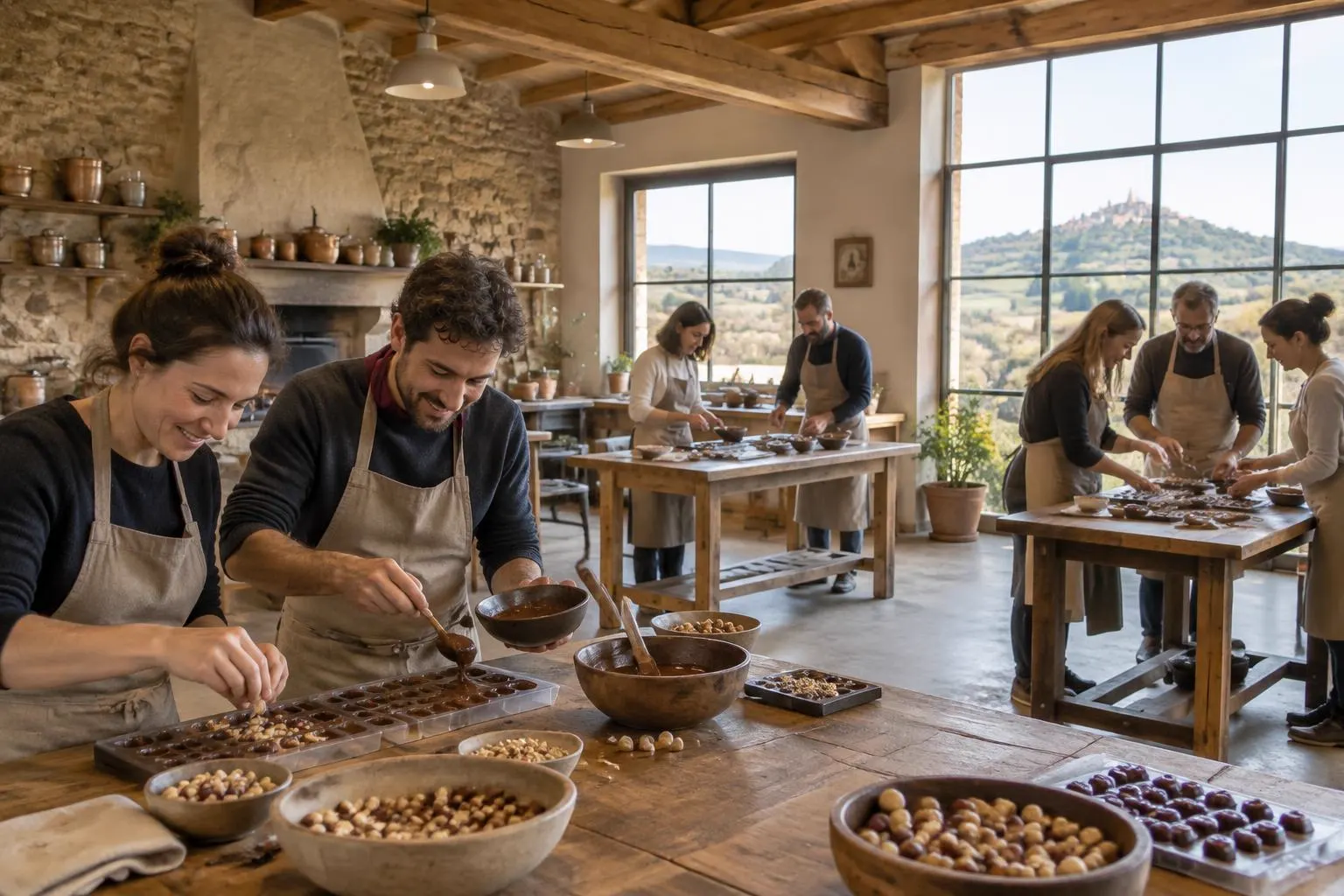 Small groups in aprons preparing chocolates with toasted hazelnuts at separate wooden tables in a spacious beamed countryside workshop with large windows