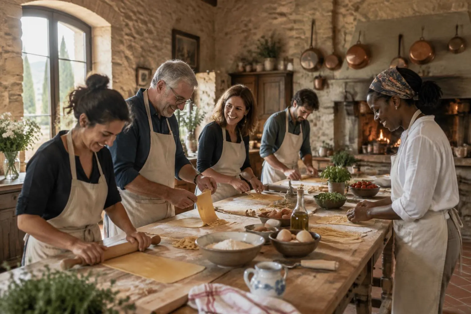 A small group of colleagues in aprons rolling fresh pasta together at a long wooden table in a stone countryside kitchen