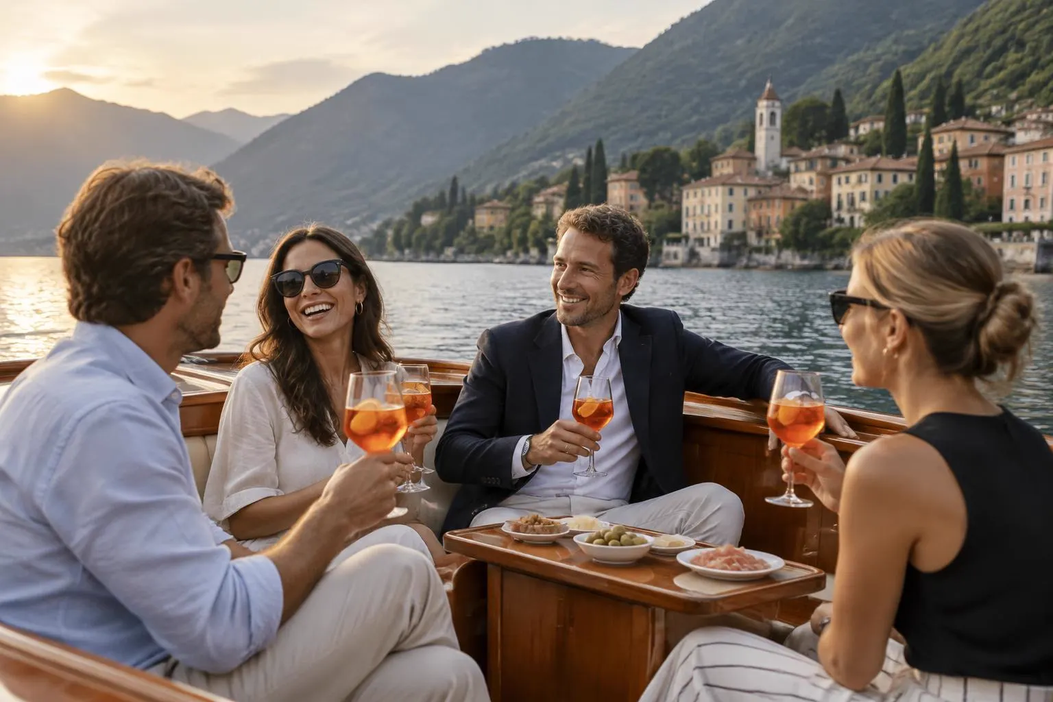 Four adults sharing spritz and small plates aboard a varnished wooden motorboat on a lake, with mountains and pastel lakeside villas behind