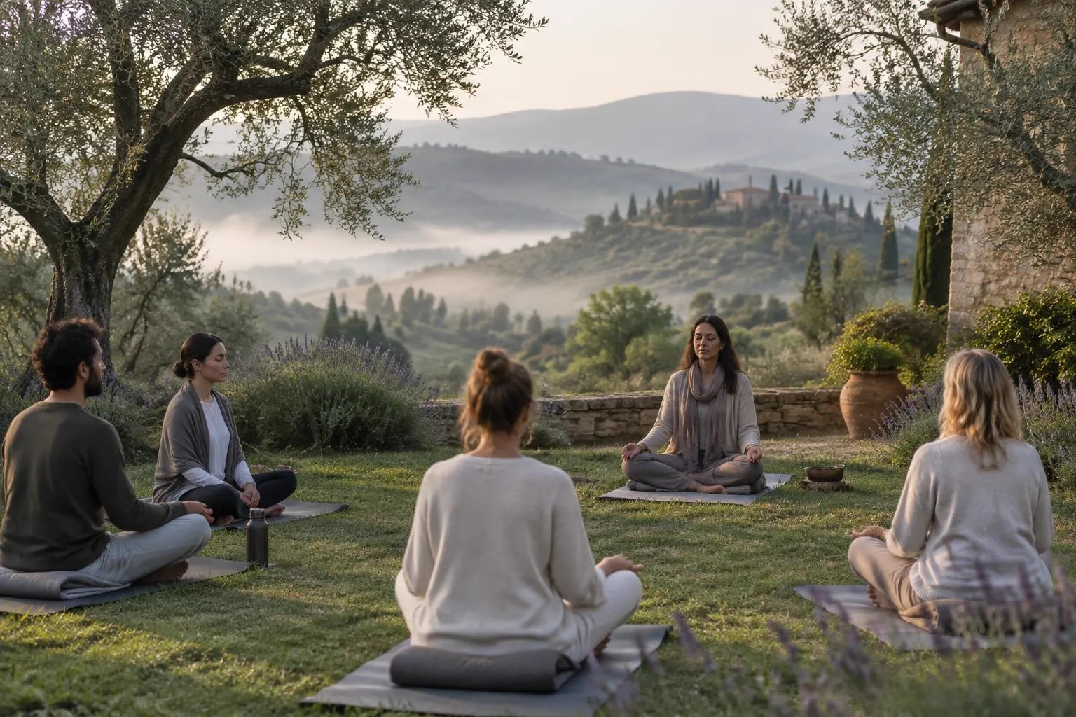 A small group seated well apart on mats for a guided meditation on a garden lawn among olive trees and lavender, with misty hills in the morning light