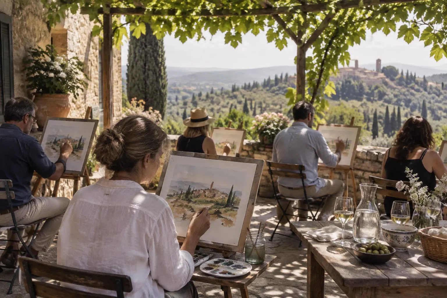 Adults painting watercolour landscapes at easels on a shaded terrace under a vine pergola, with wine, water and olives on a side table and Tuscan hills beyond