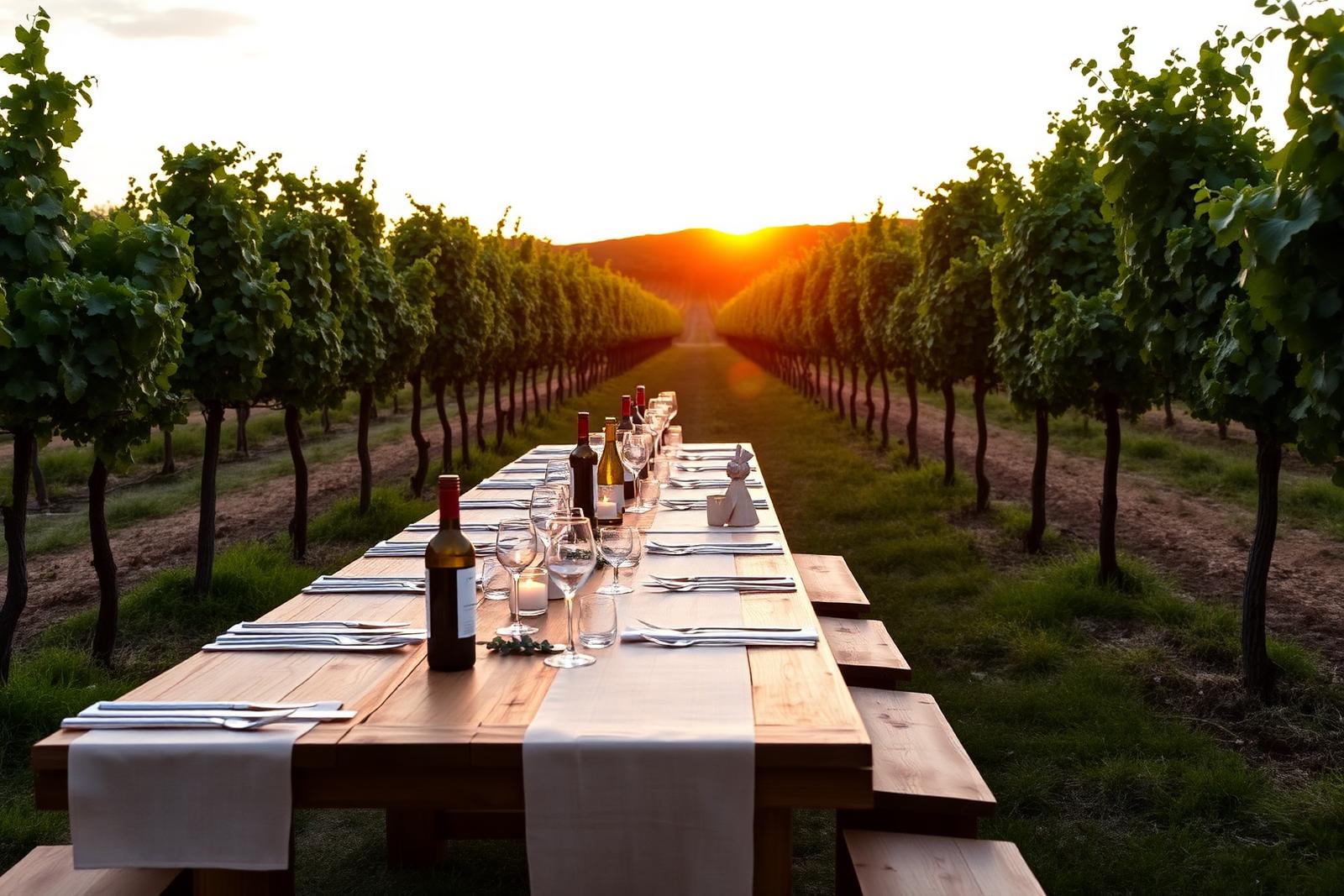 Long farm-to-table dinner laid between rows of Tuscan vines at sunset, with linen runner, candles and wine bottles