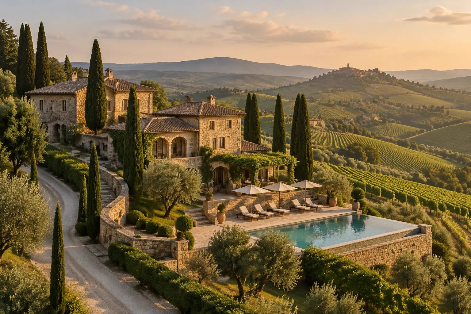 A stone country hotel with a terraced pool among cypresses, overlooking vineyards and rolling Tuscan hills at golden hour