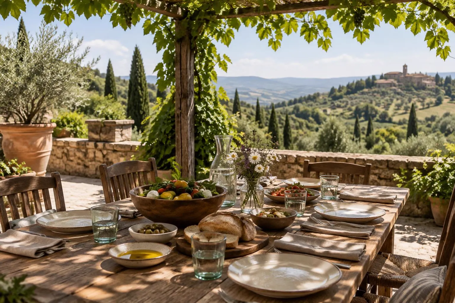 A lunch table with cream plates, linen napkins, salad, bread and olive oil under a vine pergola overlooking Tuscan hills and cypresses