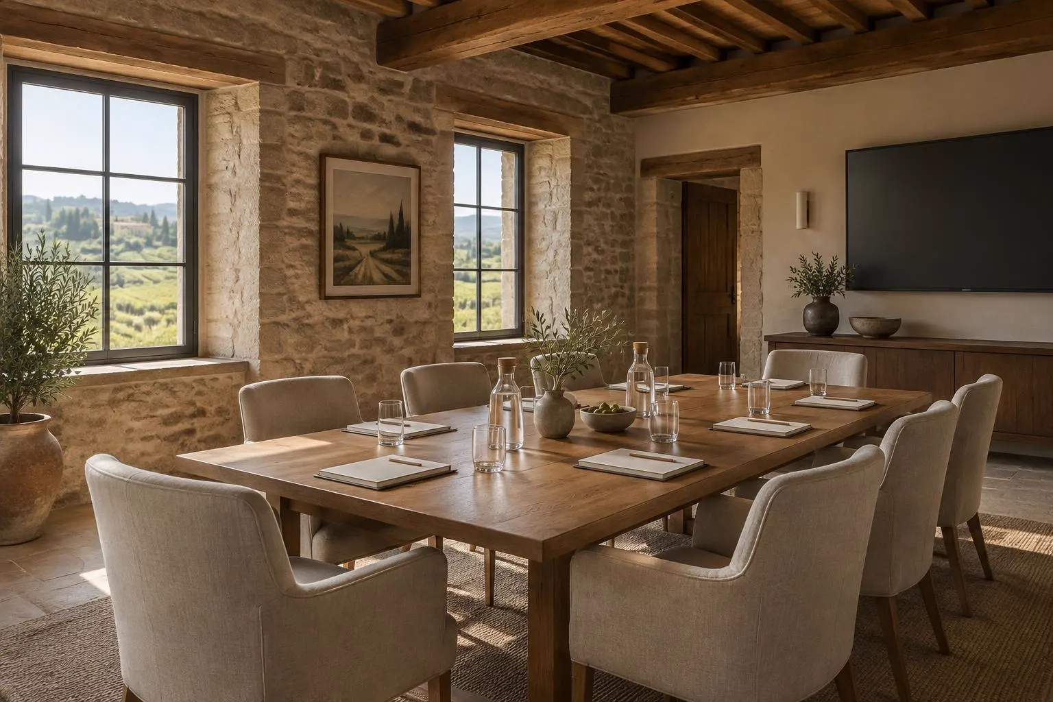 A meeting room in a Tuscan stone house with linen armchairs around an oak table, a wall screen and windows looking out over vineyards