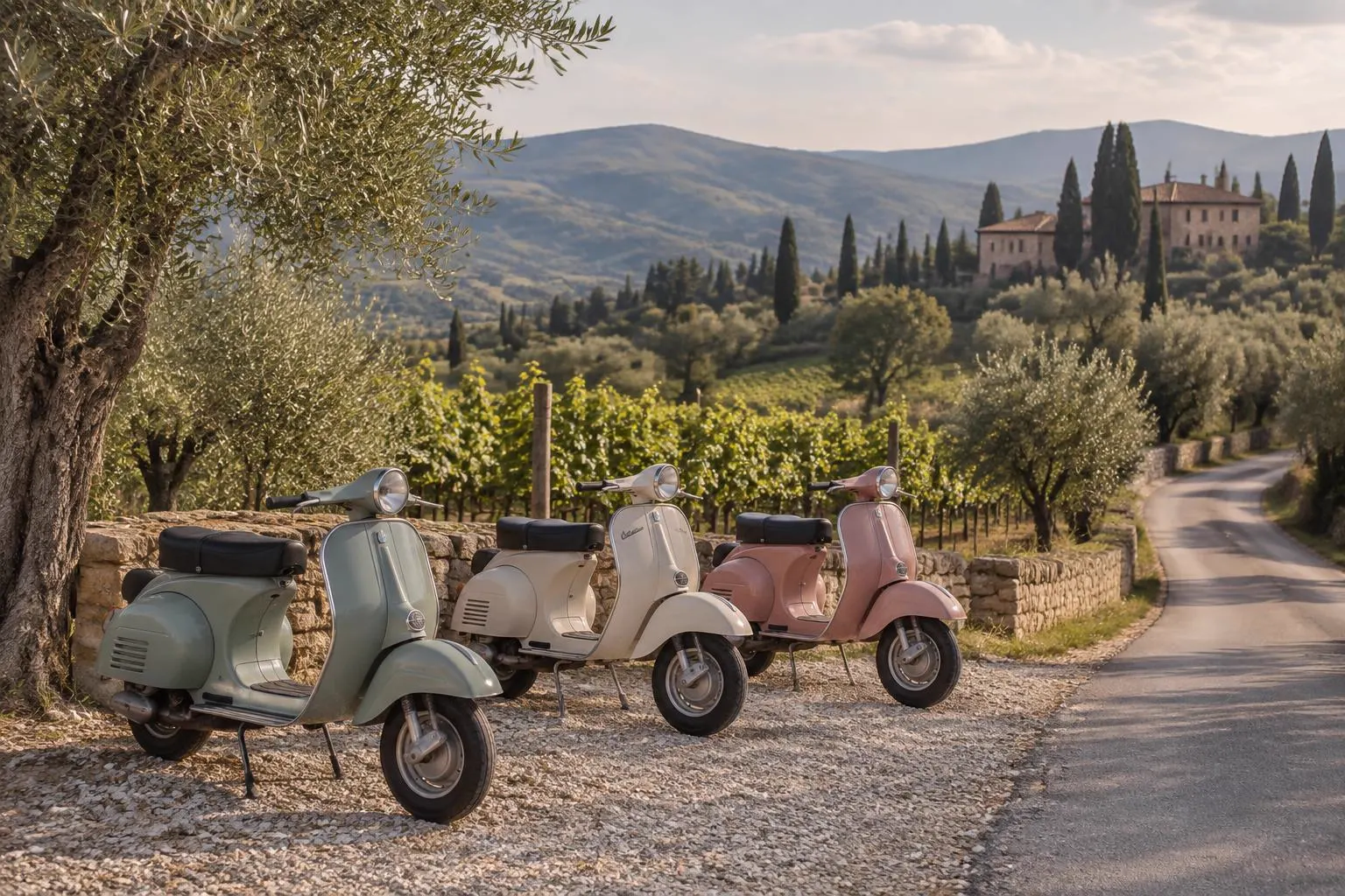 Three vintage-style scooters in pale green, cream and pink parked beside a stone wall on a quiet country lane between olive trees and vineyards