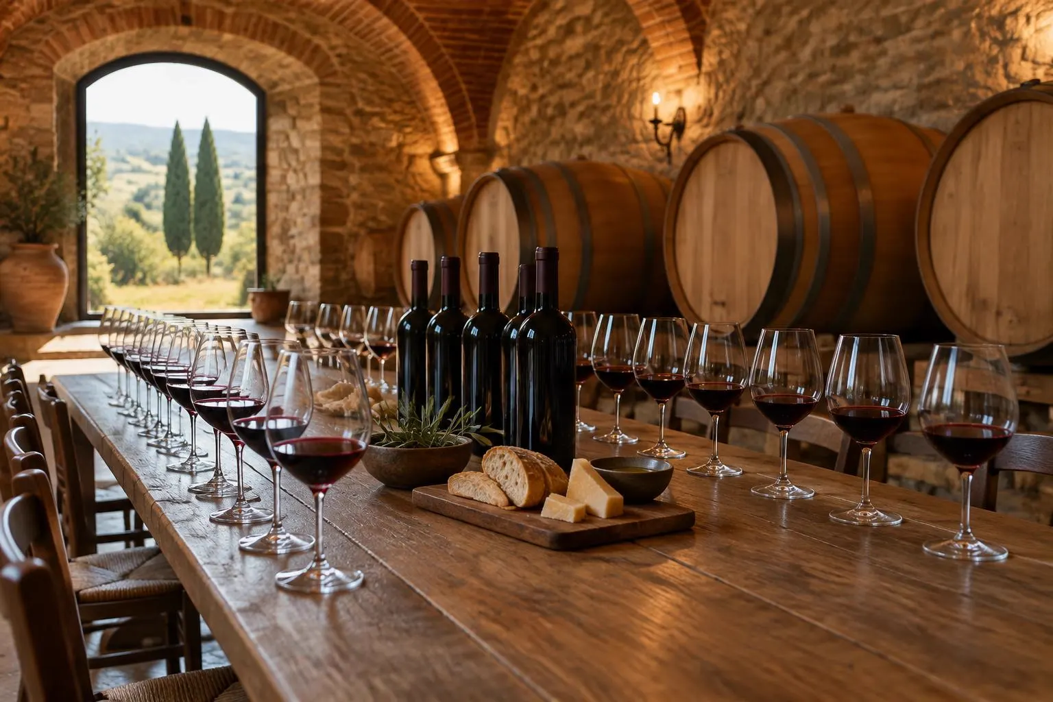 Rows of red wine glasses and unlabelled bottles on a long wooden table in a vaulted stone tasting room with oak barrels and a view of cypresses