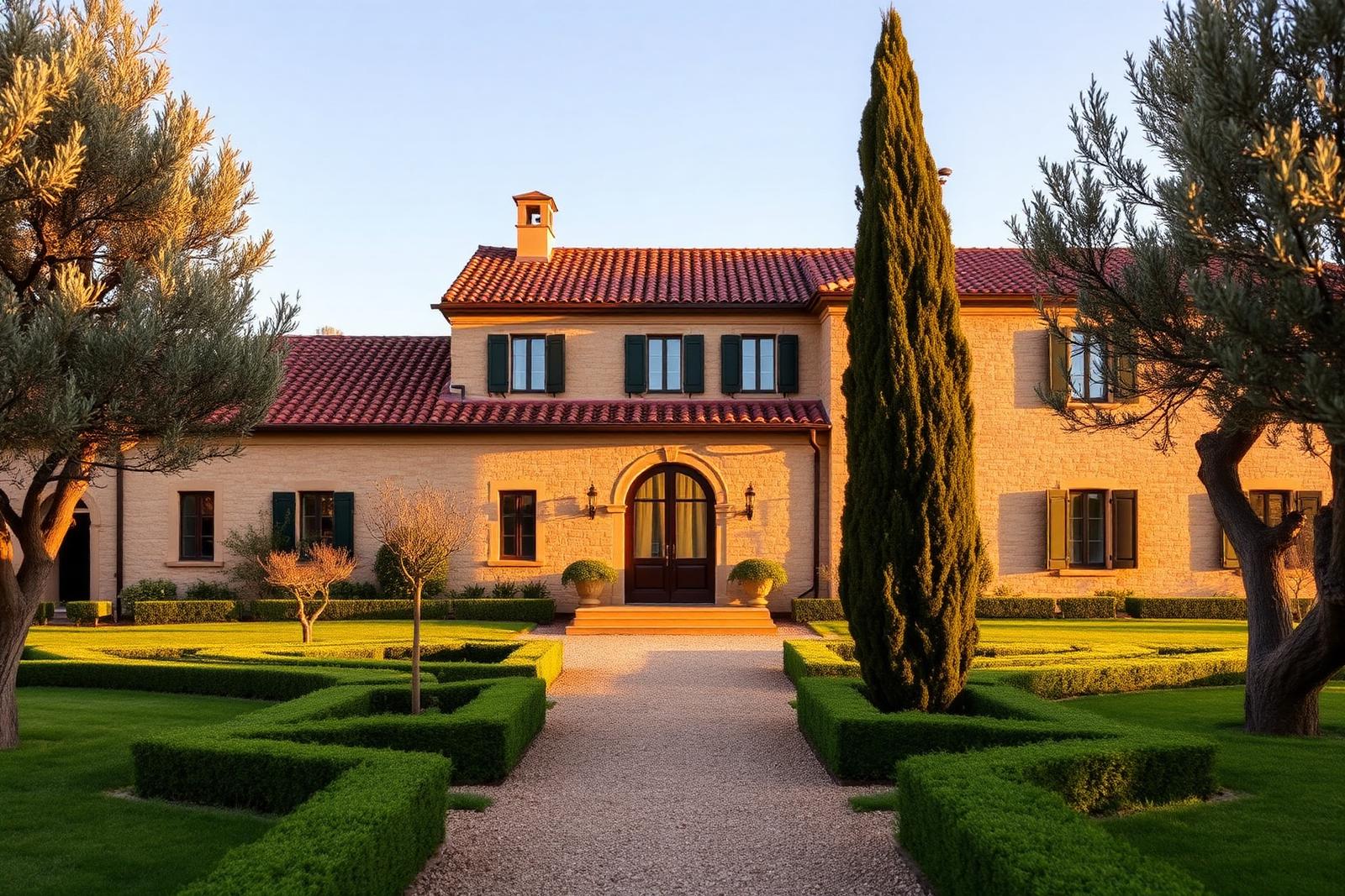 Luxury Tuscan wine estate villa with terracotta roof, ancient olive trees and a manicured Italian garden in warm afternoon light