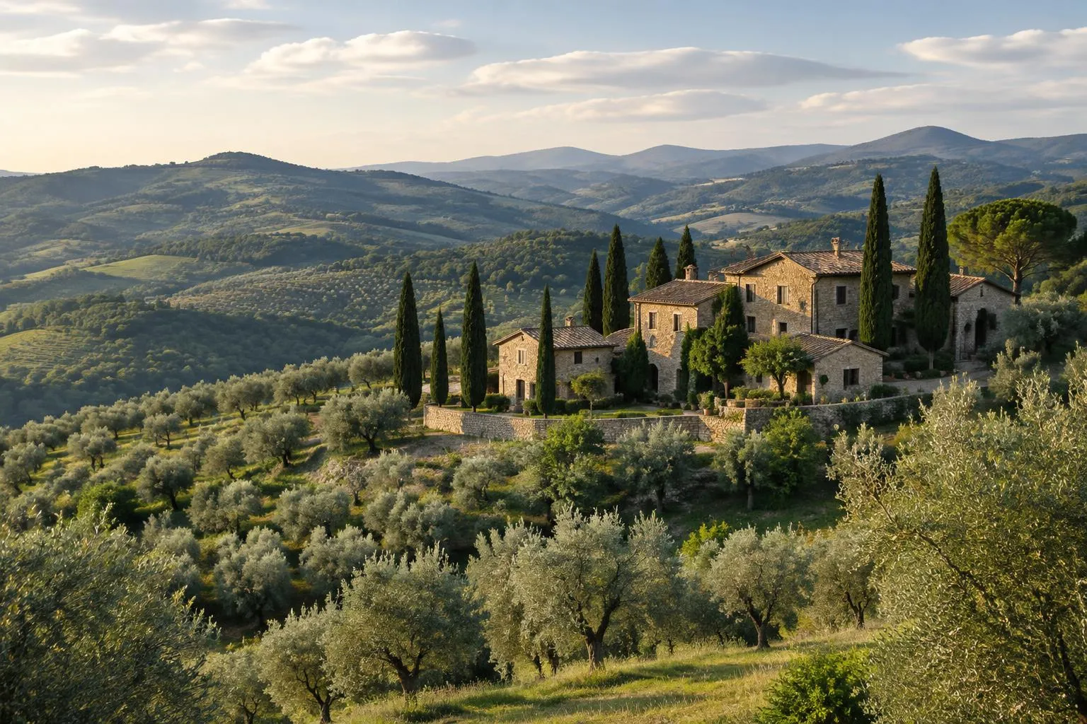 A stone country estate among olive groves and rolling green hills