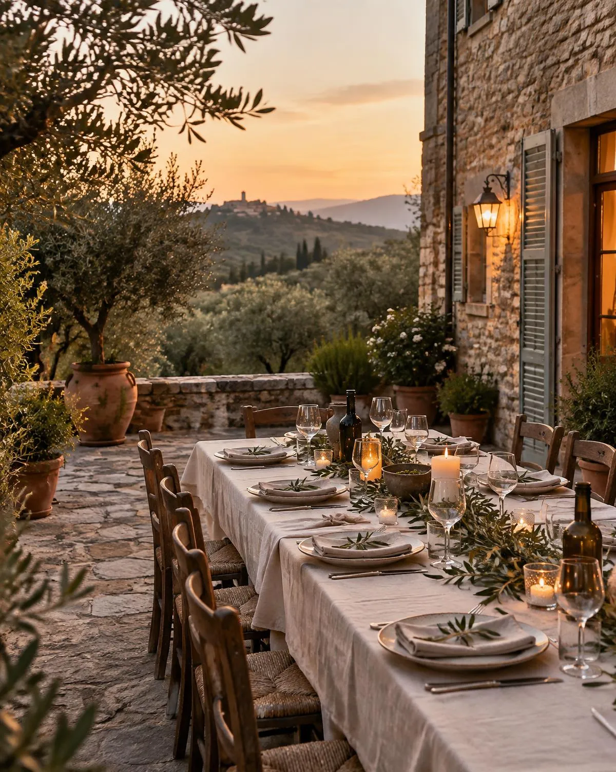 A long dinner table set on a stone terrace with olive trees and hills beyond