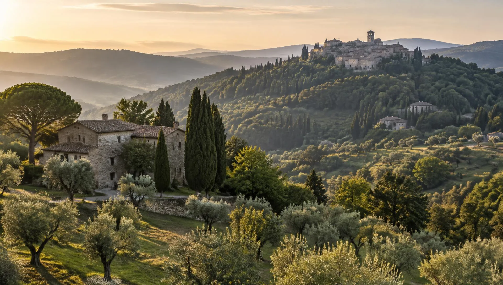 Umbrian countryside with olive groves, cypresses and a stone farmhouse below a medieval hill town