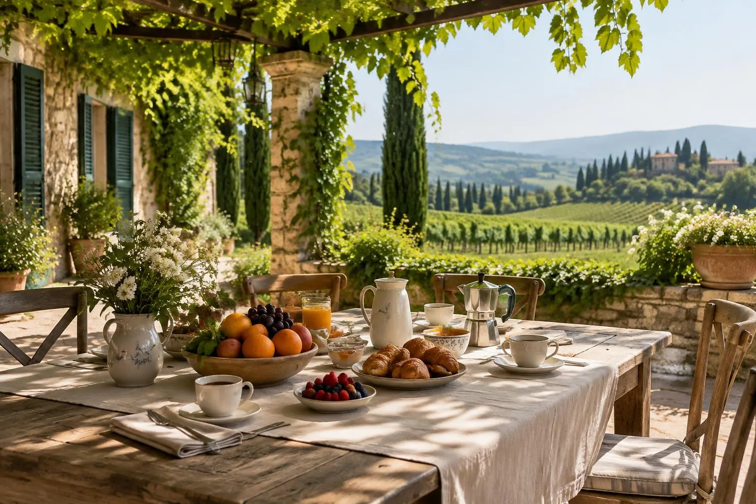 A brunch table with fruit, pastries and coffee under a vine pergola at a countryside villa overlooking vineyards