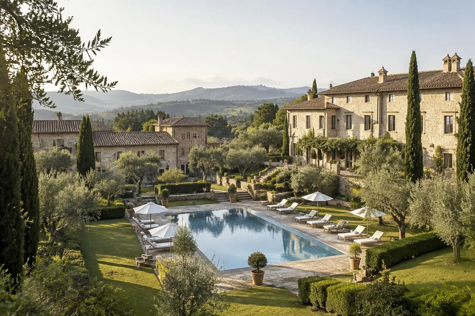 A stone country hotel with several guest wings around a garden and swimming pool, framed by olive trees and cypresses