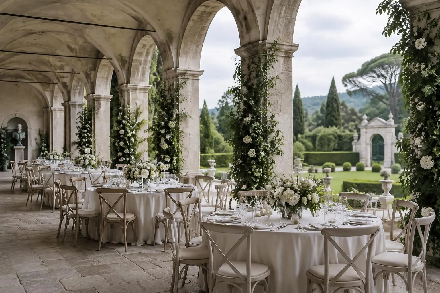 Round tables with white linen and flowers set beneath the arches of a covered stone loggia opening onto a formal garden