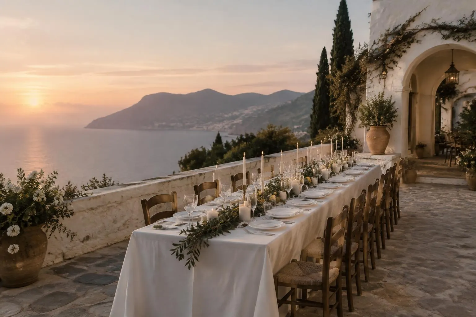 A long table laid with white linen, candles and olive branches on a whitewashed villa terrace above the sea at sunset