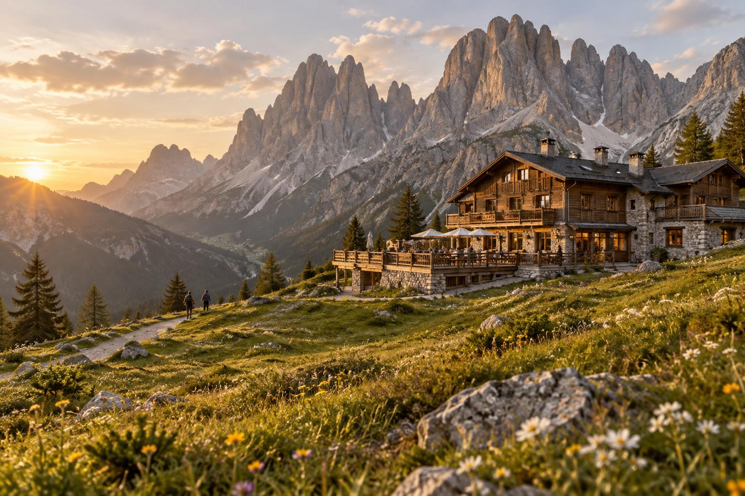 A timber-and-stone mountain hotel on a wildflower meadow below the pale limestone peaks of the Dolomites at golden hour