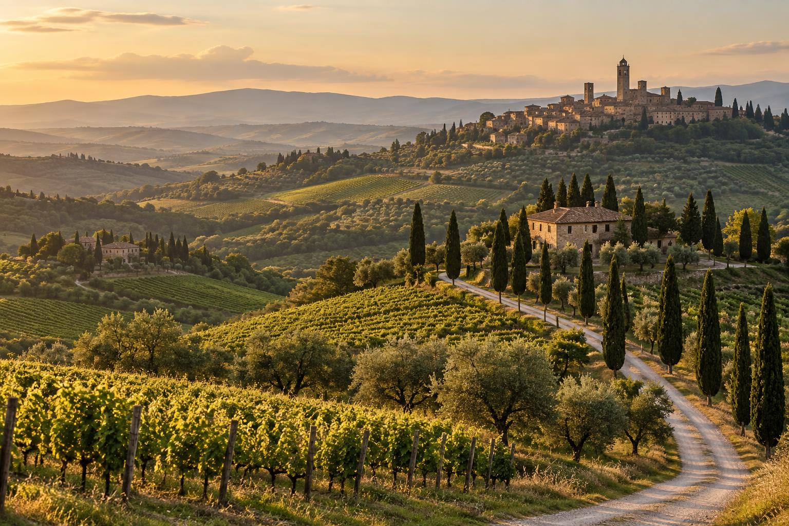 Colleagues on a stone terrace at golden hour overlooking rolling Italian hills, vineyards and a distant medieval hilltop town